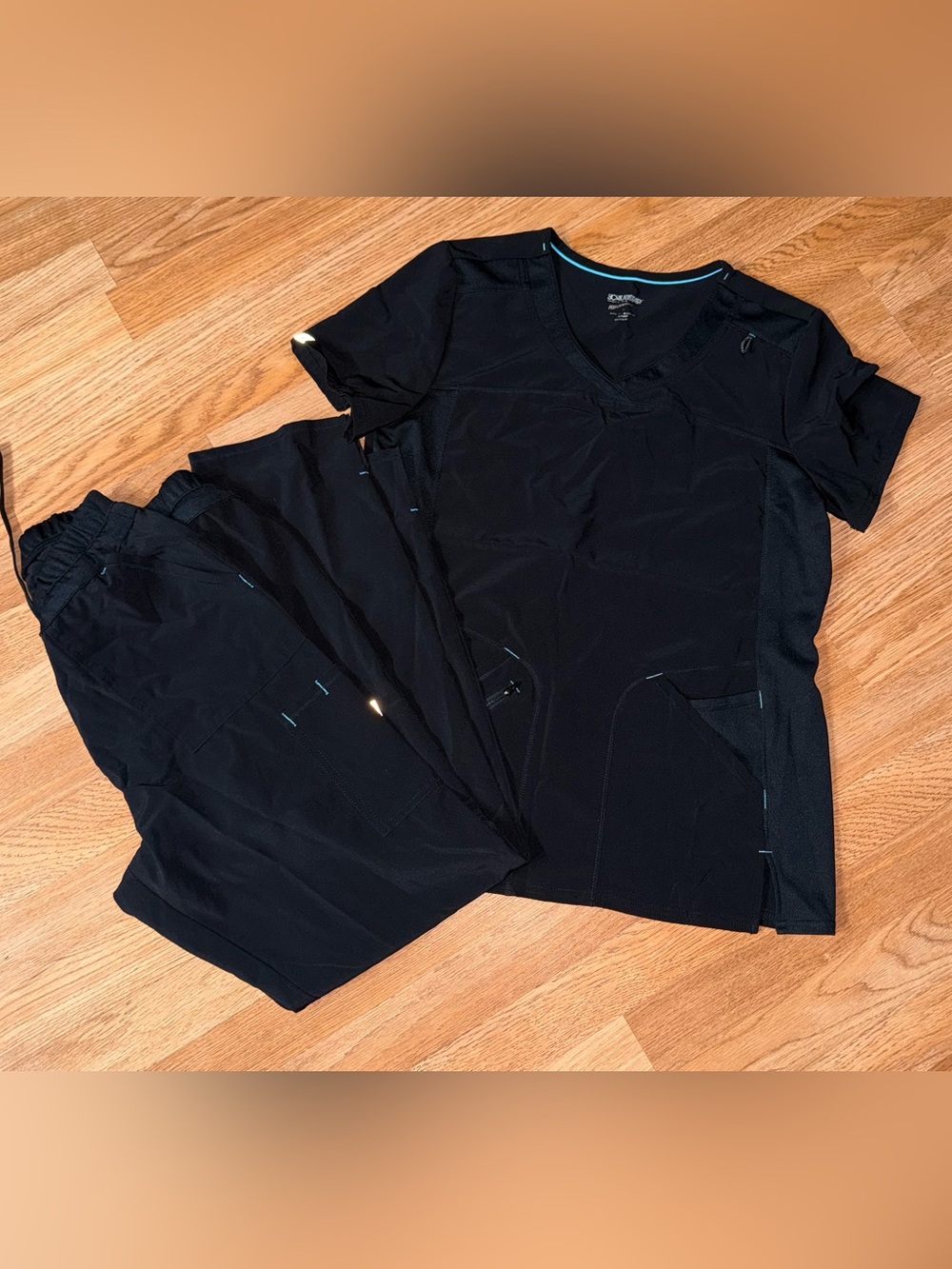 Scrubstar Black Scrub Top and Pants with Teal Trim
